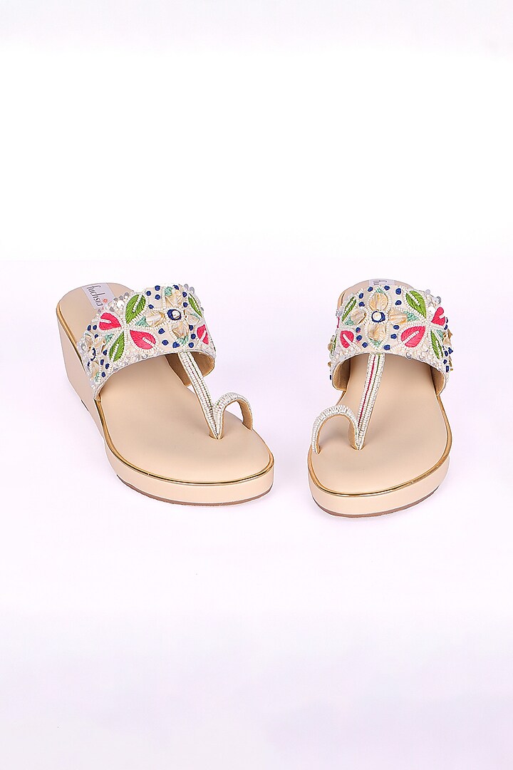 Multi-Colored Silk Bead & Resham Hand Embroidered Kolhapuri Heels by Fuchsia by Aashka Mehta at Pernia's Pop Up Shop