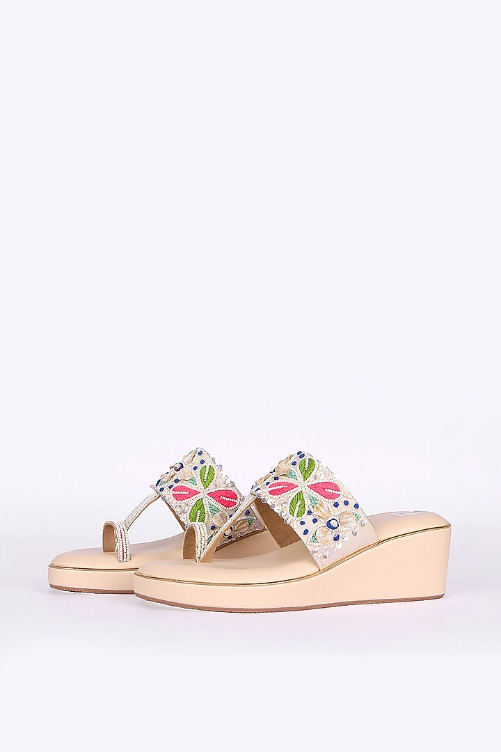 Multi-Colored Silk Bead & Resham Hand Embroidered Kolhapuri Heels by Fuchsia by Aashka Mehta at Pernia's Pop Up Shop