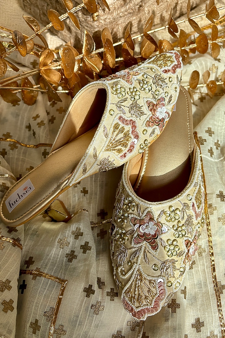 Gold Silk Zari & Sequins Hand Embroidered Mojaris by Fuchsia by Aashka Mehta at Pernia's Pop Up Shop