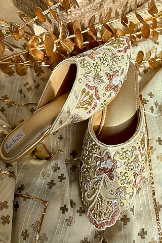 Gold Silk Zari & Sequins Hand Embroidered Mojaris by Fuchsia by Aashka Mehta