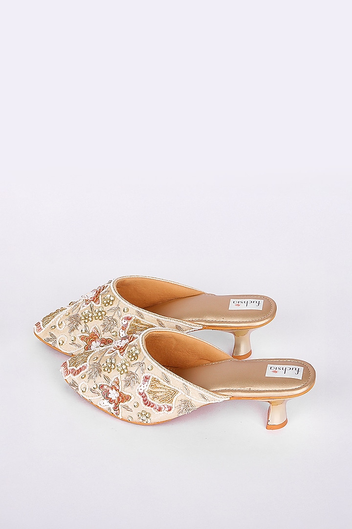 Gold Silk Zari & Sequins Hand Embroidered Mojaris by Fuchsia by Aashka Mehta at Pernia's Pop Up Shop