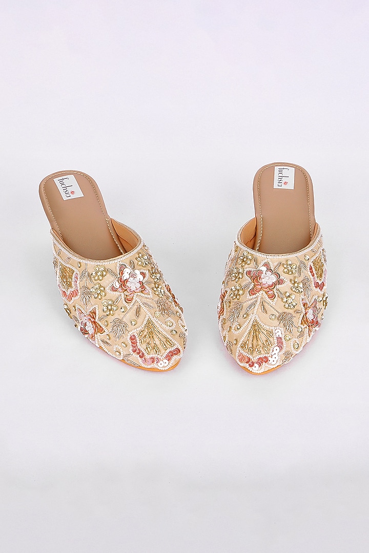Gold Silk Zari & Sequins Hand Embroidered Mojaris by Fuchsia by Aashka Mehta at Pernia's Pop Up Shop