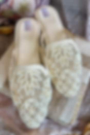 Beige Net Pearl & Crystal Embroidered Mojaris by Fuchsia by Aashka Mehta at Pernia's Pop Up Shop