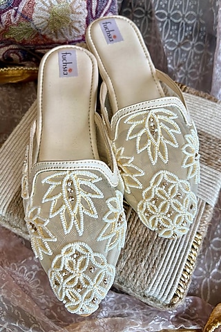 Beige Net Pearl & Crystal Embroidered Mojaris by Fuchsia by Aashka Mehta