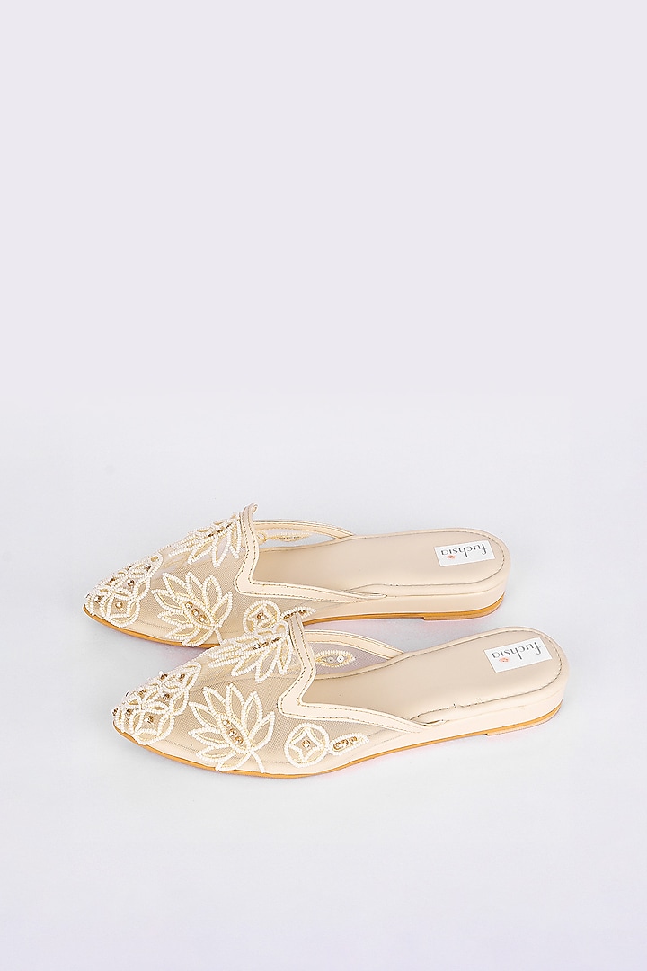 Beige Net Pearl & Crystal Embroidered Mojaris by Fuchsia by Aashka Mehta at Pernia's Pop Up Shop