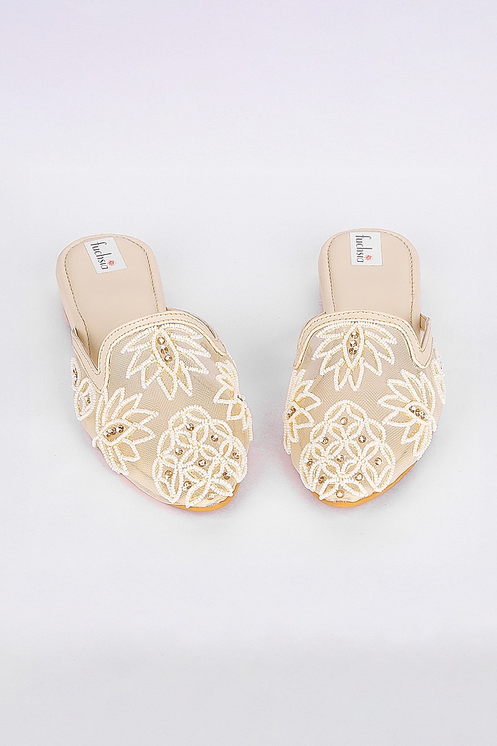 Beige Net Pearl & Crystal Embroidered Mojaris by Fuchsia by Aashka Mehta at Pernia's Pop Up Shop