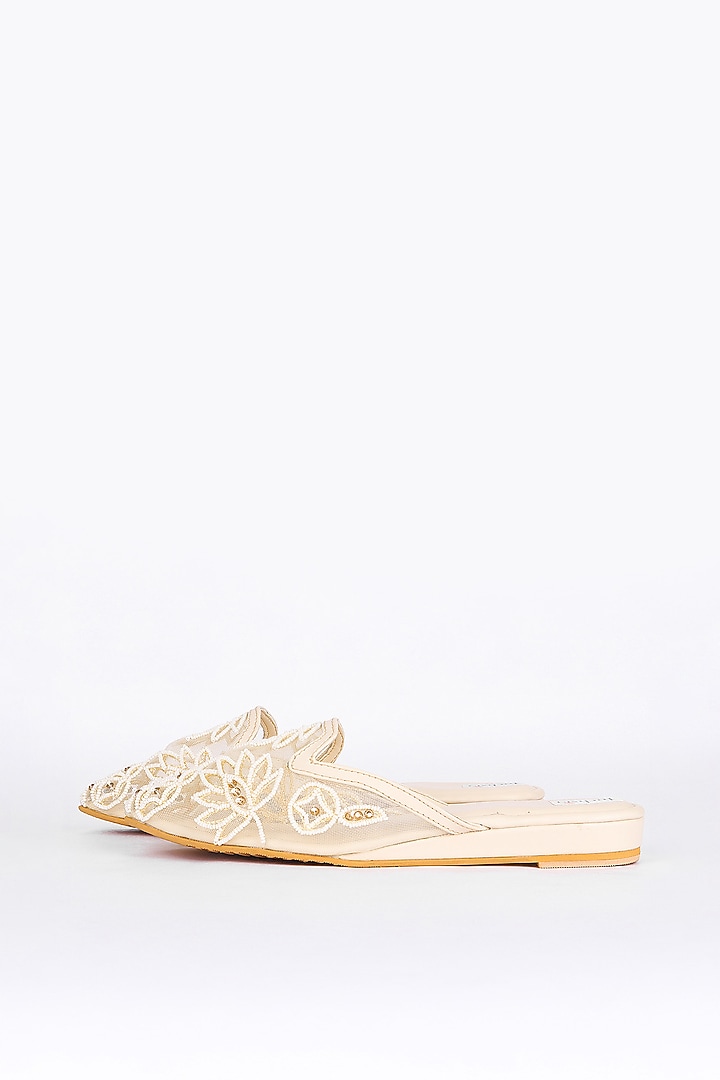 Beige Net Pearl & Crystal Embroidered Mojaris by Fuchsia by Aashka Mehta at Pernia's Pop Up Shop