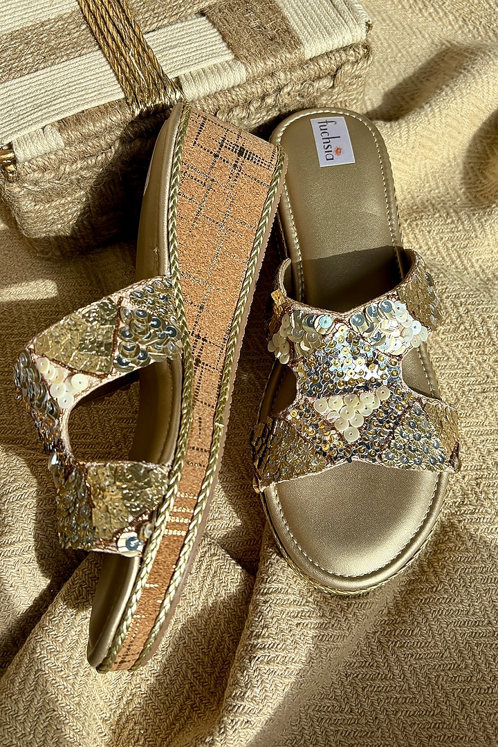 Gold Silk Sequins Work Heels by Fuchsia by Aashka Mehta at Pernia's Pop Up Shop