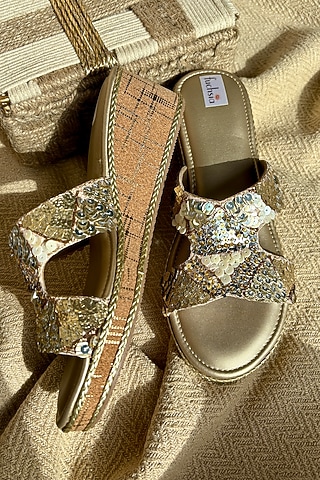 Gold Silk Sequins Work Heels by Fuchsia by Aashka Mehta