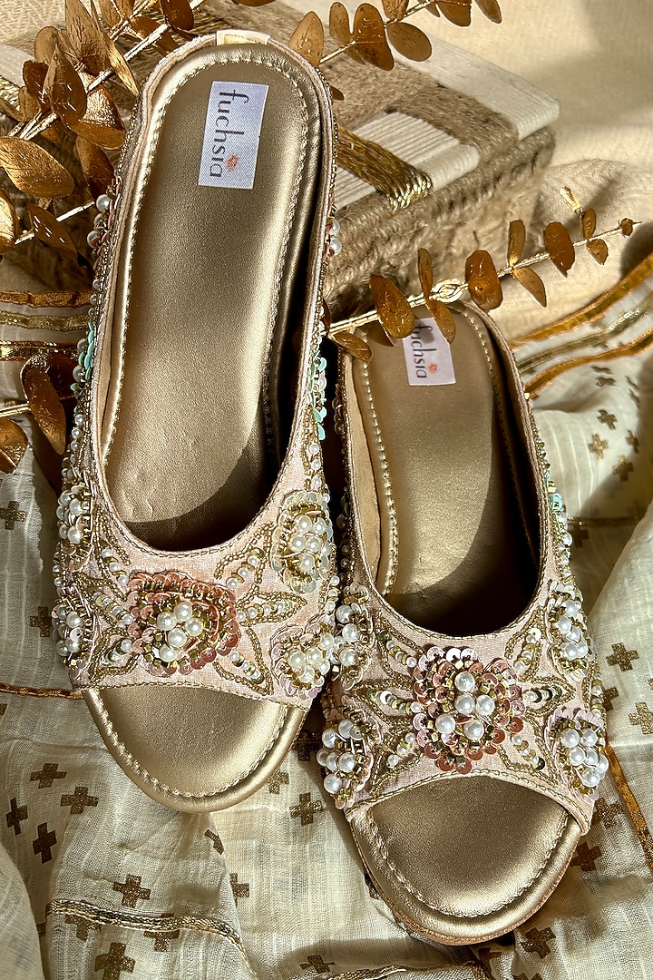 Gold Silk Bead & Sequins Work Heels by Fuchsia by Aashka Mehta at Pernia's Pop Up Shop