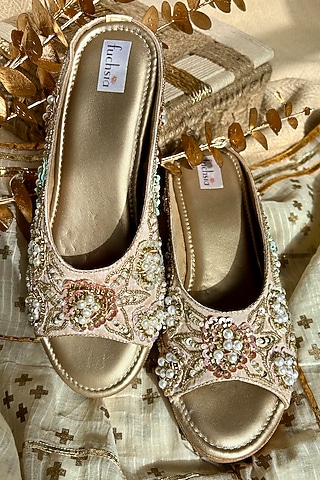 Gold Silk Bead & Sequins Work Heels by Fuchsia by Aashka Mehta