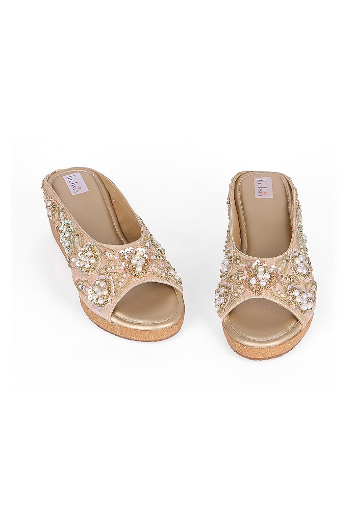 Gold Silk Bead & Sequins Work Heels by Fuchsia by Aashka Mehta at Pernia's Pop Up Shop