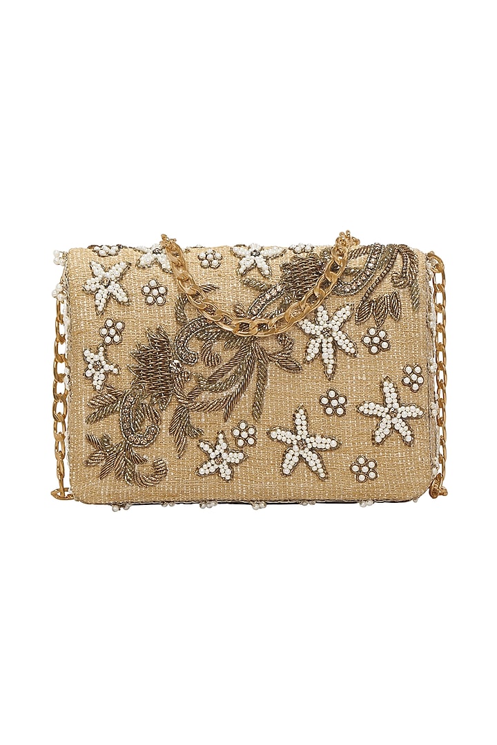 Gold Hand Embroidered Clutch by Fuchsia by Aashka Mehta