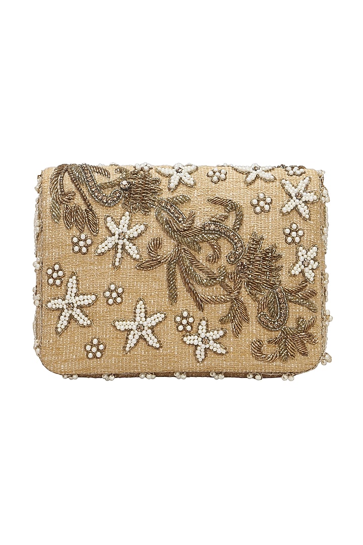 Gold Hand Embroidered Clutch by Fuchsia by Aashka Mehta at Pernia's Pop Up Shop