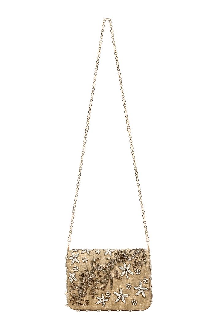 Gold Hand Embroidered Clutch by Fuchsia by Aashka Mehta at Pernia's Pop Up Shop
