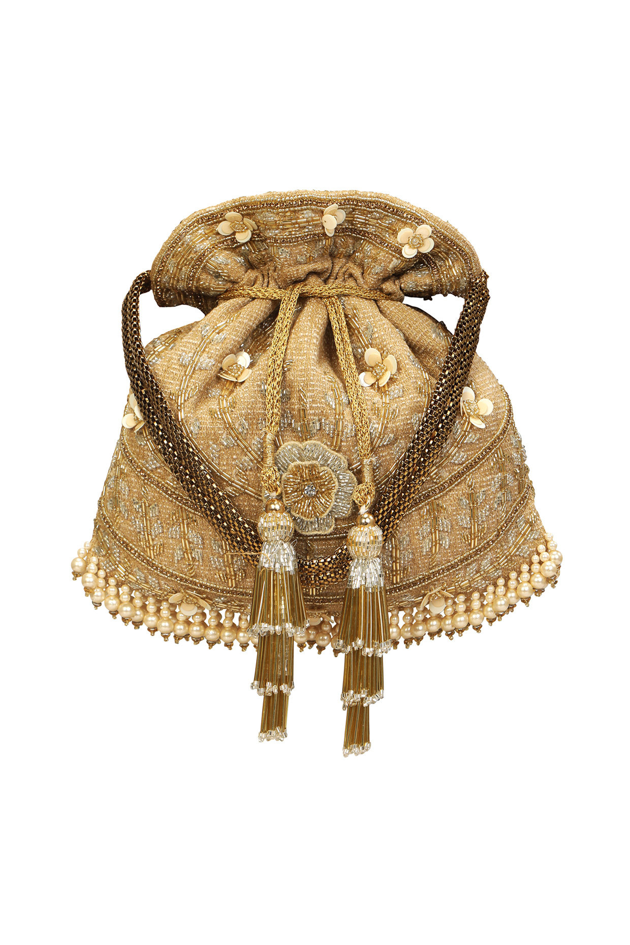 Gold Potli With Hand Embroidery by Fuchsia by Aashka Mehta at Pernia's Pop Up Shop