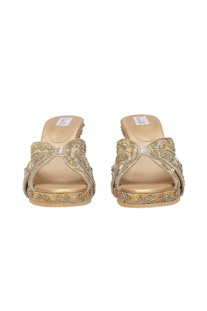 Gold Embroidered Handcrafted Wedges by Fuchsia by Aashka Mehta at Pernia's Pop Up Shop