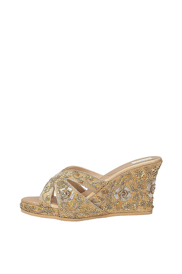 Gold Embroidered Handcrafted Wedges by Fuchsia by Aashka Mehta at Pernia's Pop Up Shop