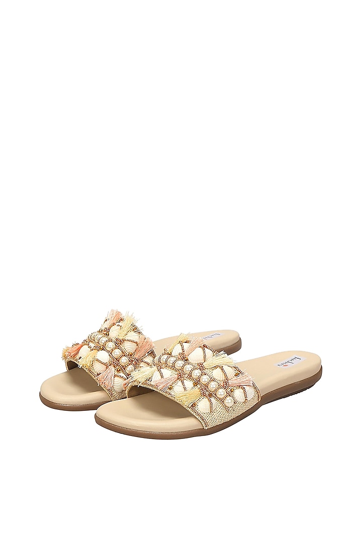 Ivory Faux Leather Sliders by Fuchsia by Aashka Mehta