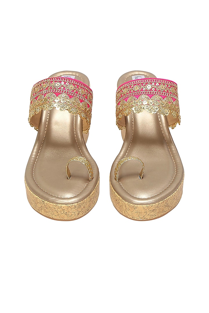 Dull Gold & Pink Faux Leather Kolhapuri Wedges by Fuchsia by Aashka Mehta at Pernia's Pop Up Shop