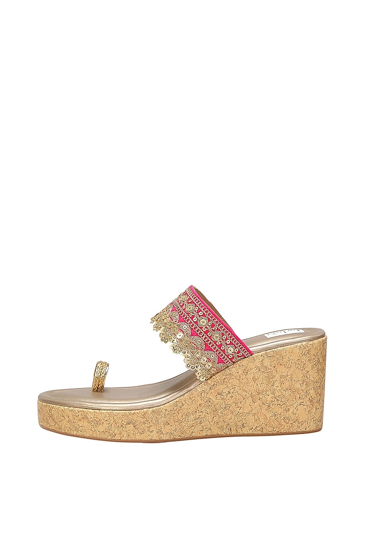 Dull Gold & Pink Faux Leather Kolhapuri Wedges by Fuchsia by Aashka Mehta at Pernia's Pop Up Shop