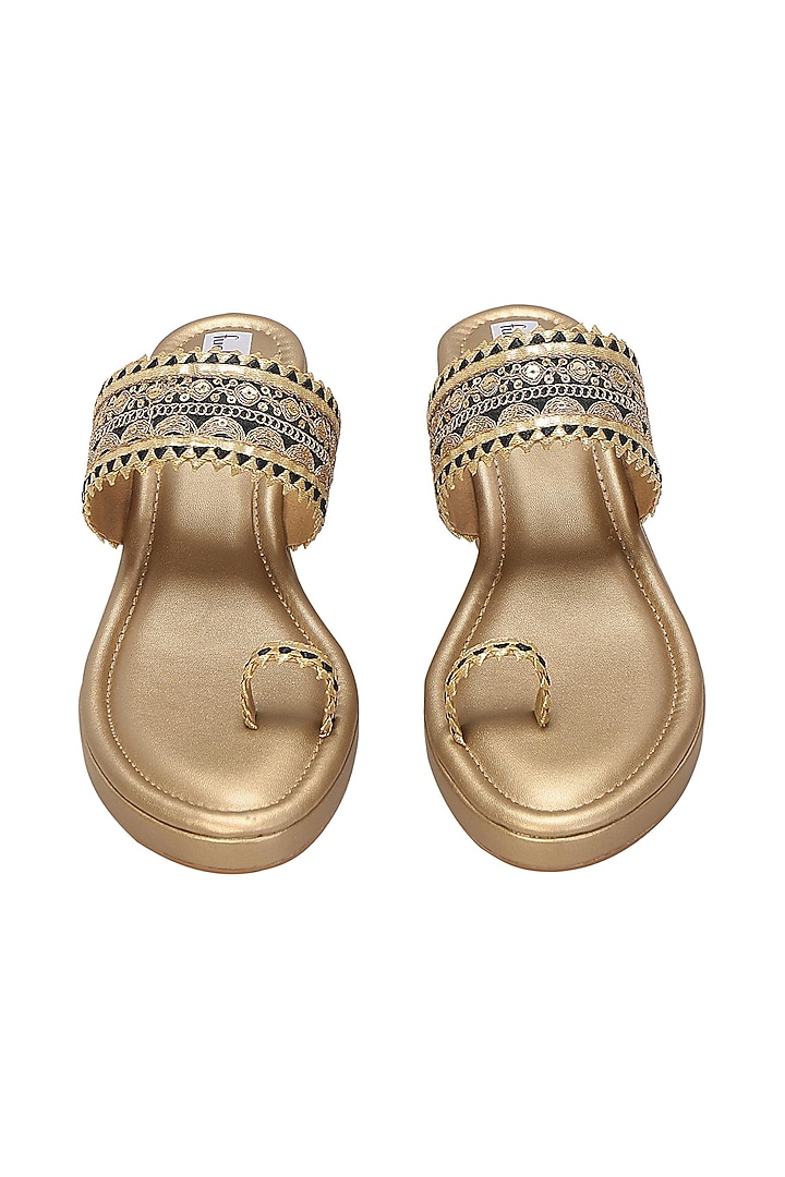 Dull Gold & Black Faux Leather Kolhapuri Wedges by Fuchsia by Aashka Mehta at Pernia's Pop Up Shop