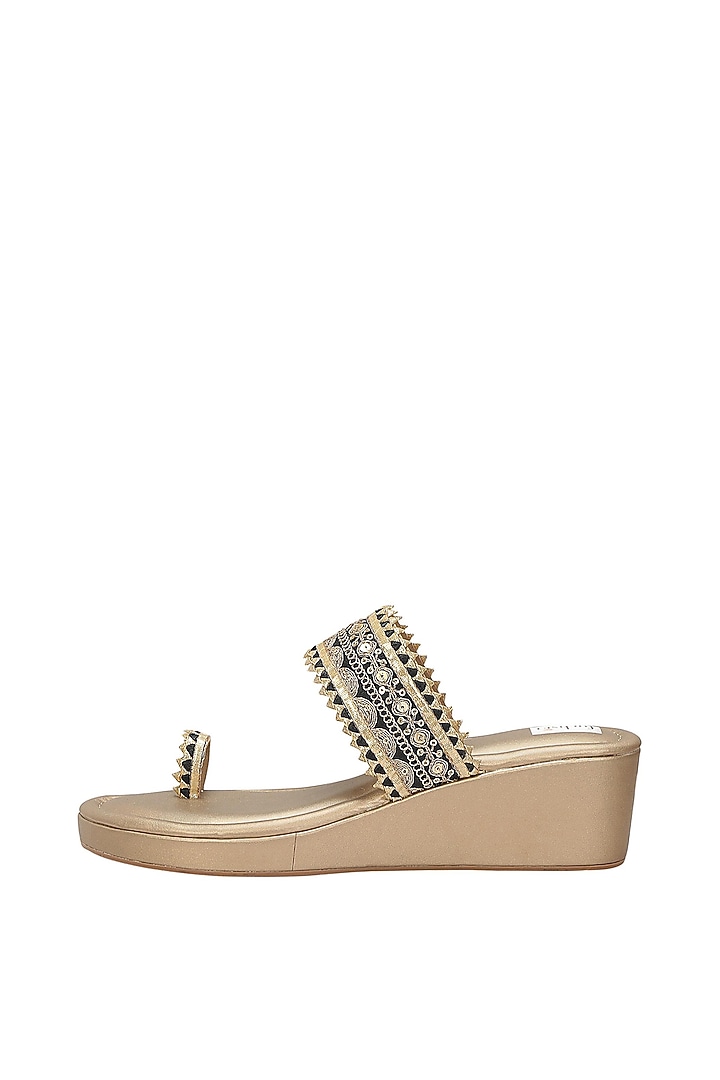 Dull Gold & Black Faux Leather Kolhapuri Wedges by Fuchsia by Aashka Mehta at Pernia's Pop Up Shop