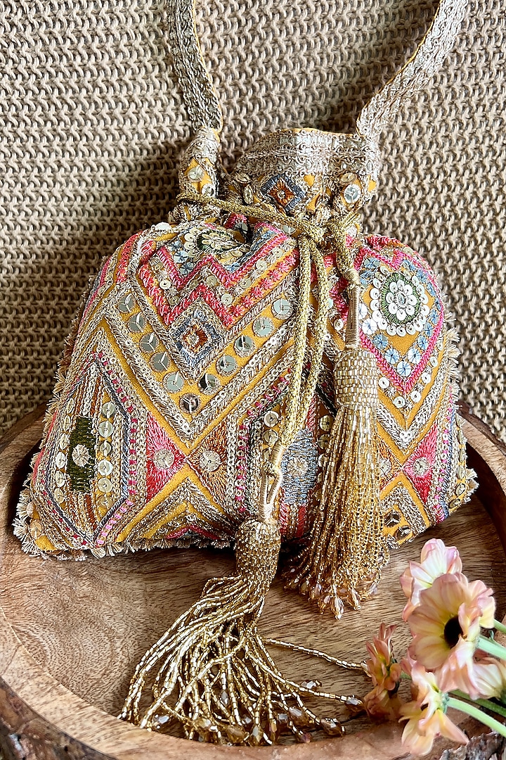 Mustard Silk Thread Embroidered Potli Bag by Fuchsia by Aashka Mehta