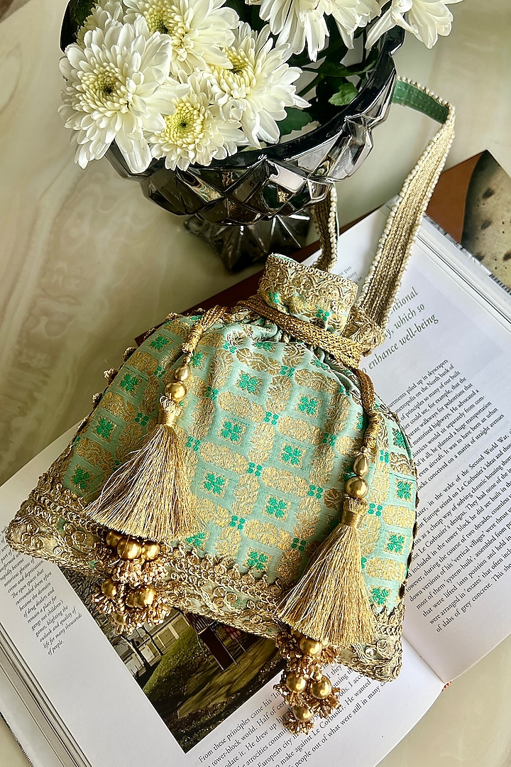 Green Silk Printed Potli Bag by Fuchsia by Aashka Mehta