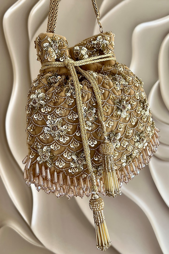 Gold Velvet Hand Embroidered Potli Bag by Fuchsia by Aashka Mehta