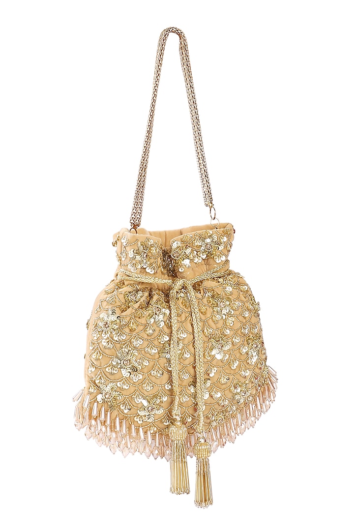 Gold Velvet Hand Embroidered Potli Bag by Fuchsia by Aashka Mehta at Pernia's Pop Up Shop