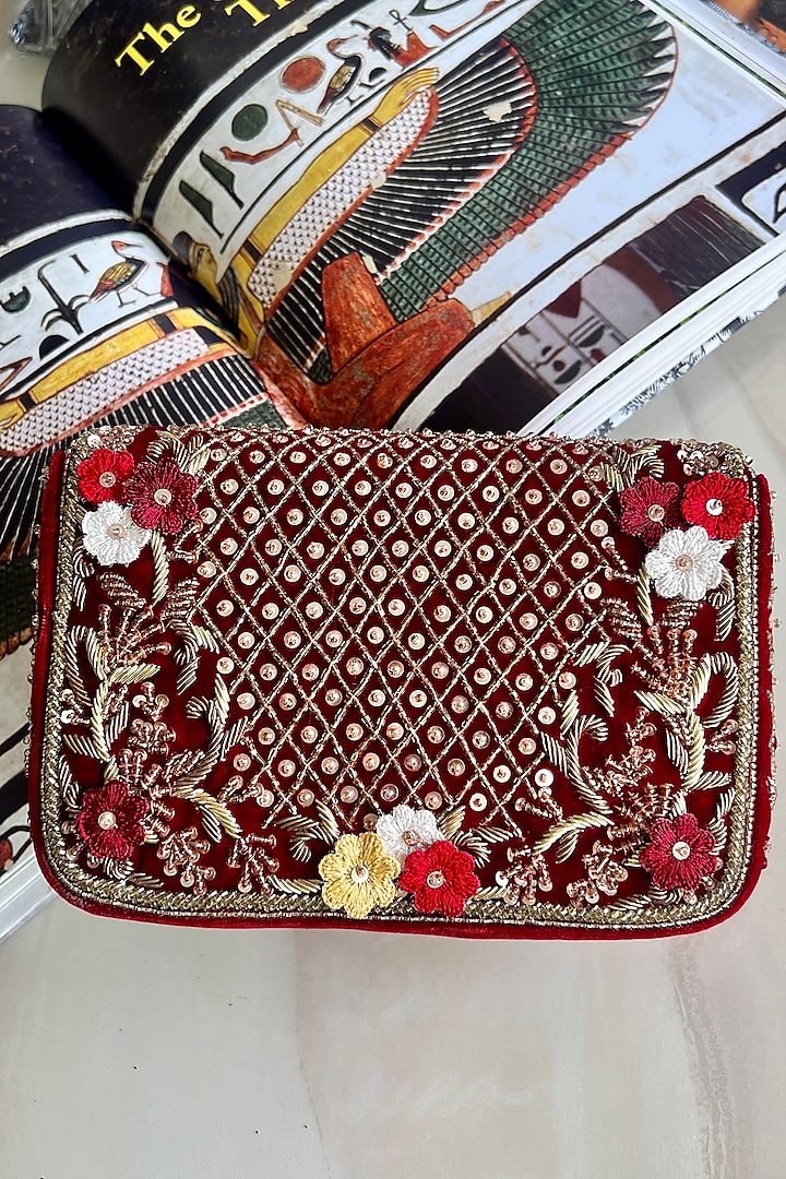 Maroon Velvet Hand Embroidered Clutch Bag by Fuchsia by Aashka Mehta