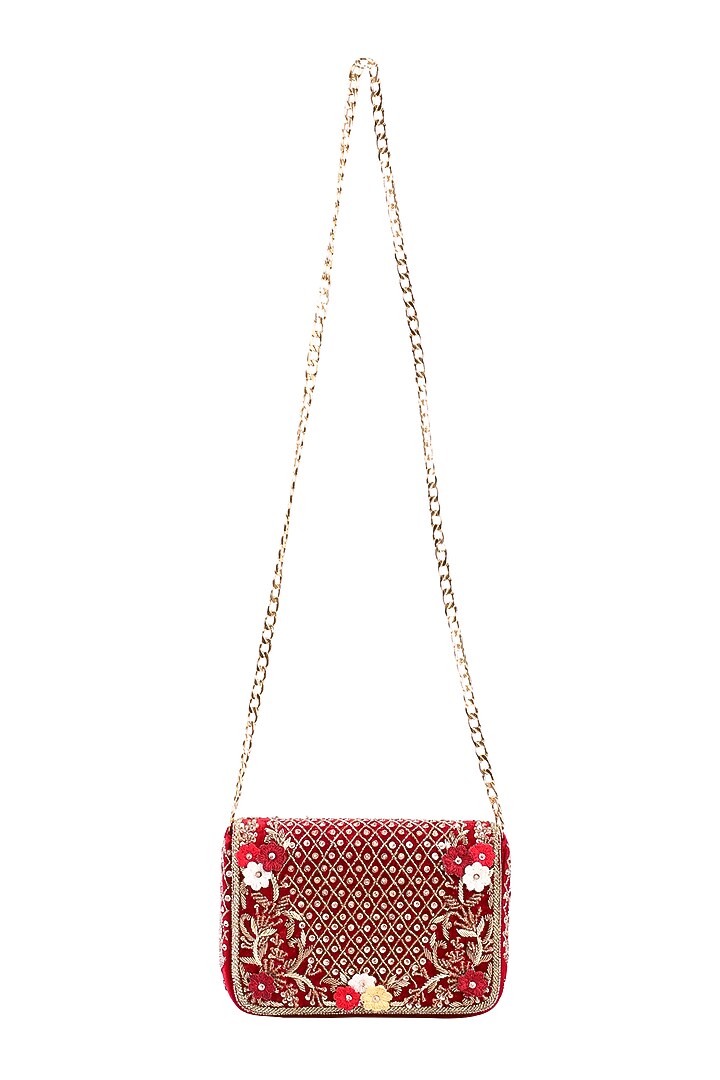Maroon Velvet Hand Embroidered Clutch Bag by Fuchsia by Aashka Mehta at Pernia's Pop Up Shop