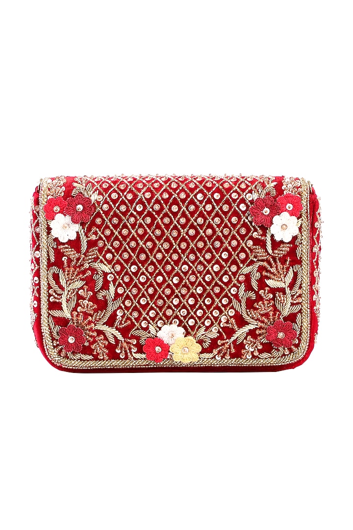 Maroon Velvet Hand Embroidered Clutch Bag by Fuchsia by Aashka Mehta at Pernia's Pop Up Shop
