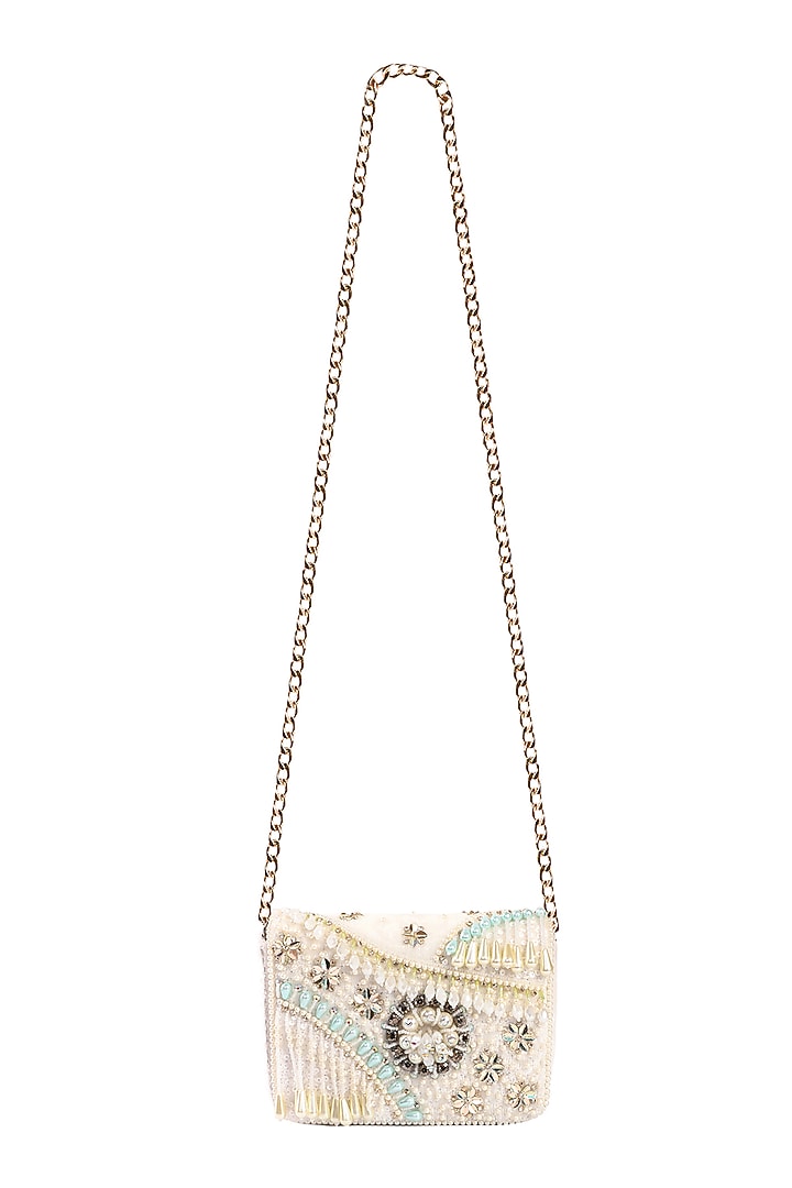 White Velvet Hand Embroidered Clutch Bag by Fuchsia by Aashka Mehta at Pernia's Pop Up Shop
