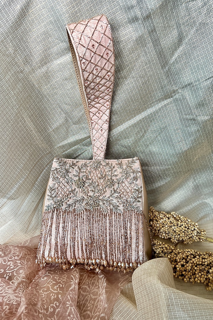Rose Gold Silk Hand Embroidered Hand Bag by Fuchsia by Aashka Mehta