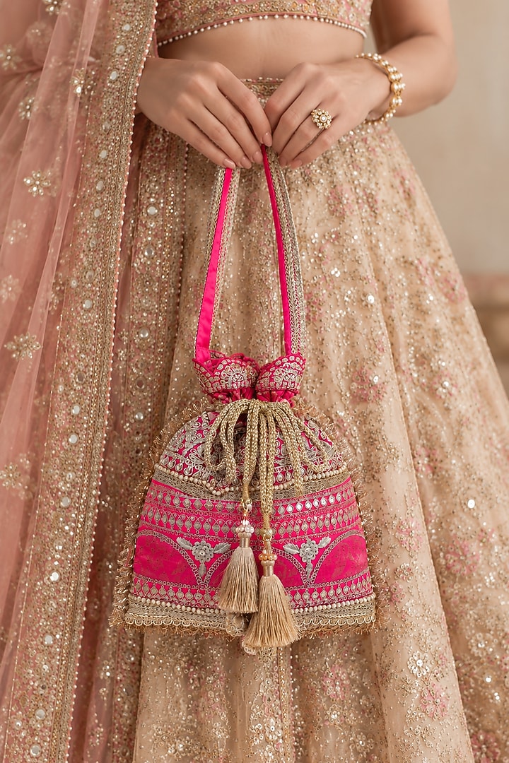 Pink Silk Hand Embroidered Potli by Fuchsia by Aashka Mehta at Pernia's Pop Up Shop