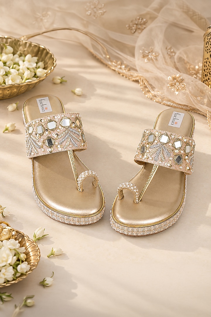 Antique Gold Faux Leather & Silk Mirror Embroidered Wedges by Fuchsia by Aashka Mehta at Pernia's Pop Up Shop