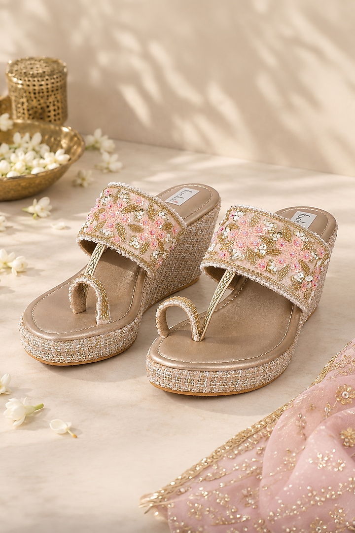 Pink Faux Leather Hand Embroidered Kolhapuri Wedges by Fuchsia by Aashka Mehta at Pernia's Pop Up Shop