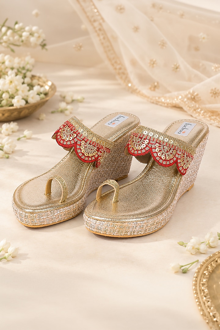 Pink Faux Leather Hand Embroidered Kolhapuri Wedges by Fuchsia by Aashka Mehta at Pernia's Pop Up Shop