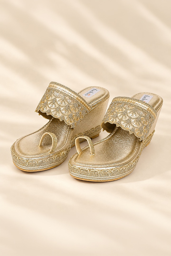 Gold Faux Leather Hand Embroidered Kolhapuri Wedges by Fuchsia by Aashka Mehta at Pernia's Pop Up Shop
