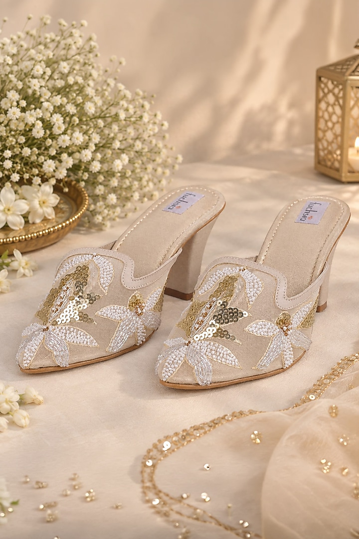 Gold Faux Leather & Net Hand Embroidered Juttis by Fuchsia by Aashka Mehta at Pernia's Pop Up Shop