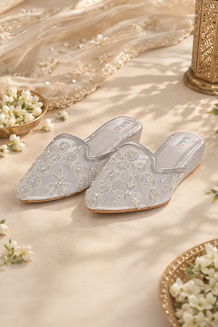 Silver Faux Leather & Net Hand Embroidered Juttis by Fuchsia by Aashka Mehta at Pernia's Pop Up Shop