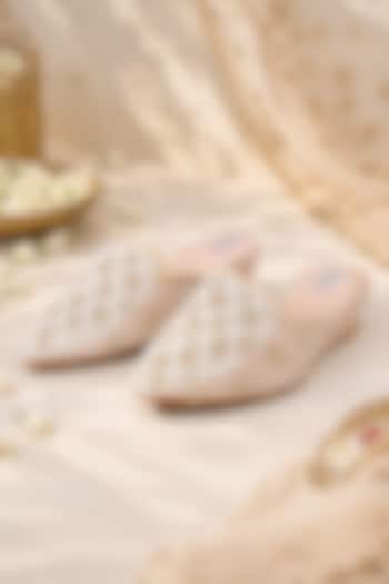 Gold Faux Leather & Net Hand Embroidered Juttis by Fuchsia by Aashka Mehta at Pernia's Pop Up Shop