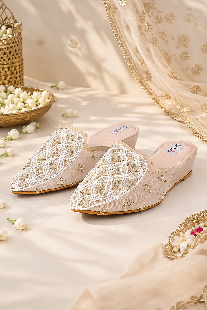 Gold Faux Leather & Net Hand Embroidered Juttis by Fuchsia by Aashka Mehta at Pernia's Pop Up Shop