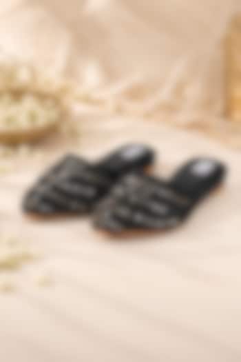 Black Faux Leather & Net Hand Embroidered Juttis by Fuchsia by Aashka Mehta at Pernia's Pop Up Shop
