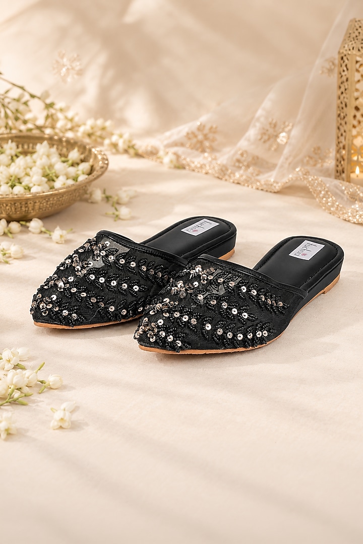 Black Faux Leather & Net Hand Embroidered Juttis by Fuchsia by Aashka Mehta at Pernia's Pop Up Shop