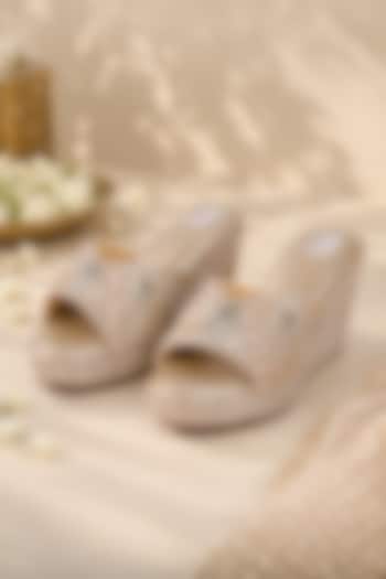 Gold Faux Leather Zardosi & Sequins Embroidered Block Heels by Fuchsia by Aashka Mehta at Pernia's Pop Up Shop