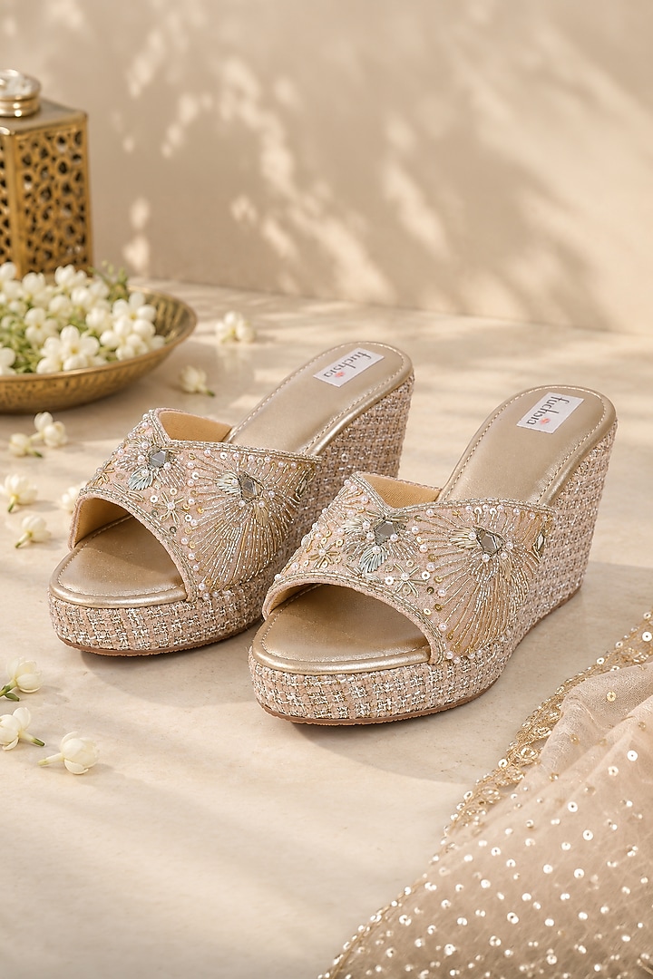 Gold Faux Leather Zardosi & Sequins Embroidered Block Heels by Fuchsia by Aashka Mehta at Pernia's Pop Up Shop