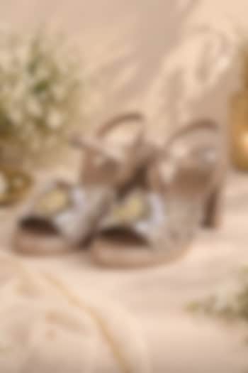 Gold Faux Leather Hand Embroidered Block Heels by Fuchsia by Aashka Mehta at Pernia's Pop Up Shop